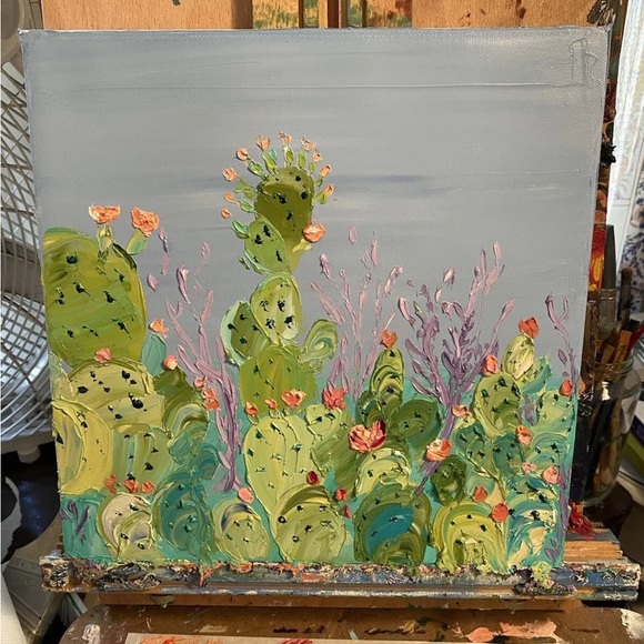 ORIGINAL Cactus Oil Painting Desert 12 X 12 Inches Contemporary Impasto - Picture 2 of 12